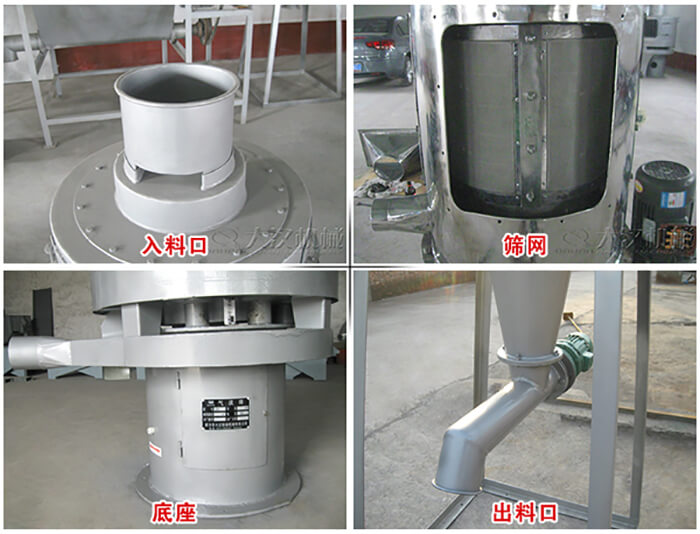 氣流篩部件展示：入料口，篩網(wǎng)，底座，出料口等。