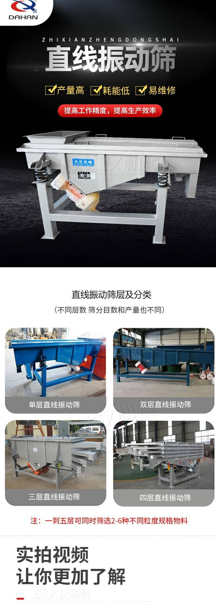直線振動篩概述，產(chǎn)量高，耗能低，易維修，提高工作精度，提高生產(chǎn)效率，直線振動篩層級分類：不同層數(shù)，篩分目數(shù)和產(chǎn)量也不同：單層，雙層，三層，四層等。